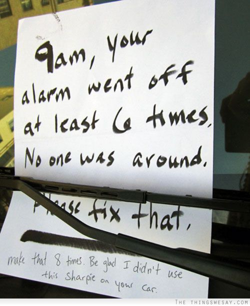 Your alarm went off at least 6 times no one was around please fix that make that 8 times be glad i didn't use this sharpie on your car