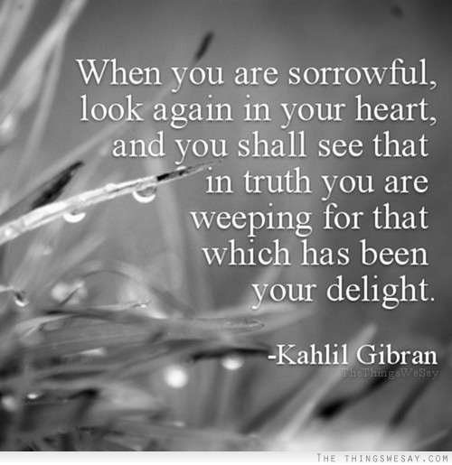 When you are sorrowful look again in your heart and you shall see that in truth you are weeping for that which has been your delight