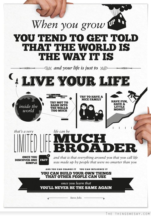When you grow up you tend to get told that the world is the way it is and your life is just to live your life inside the world try not to bash into the walls too much