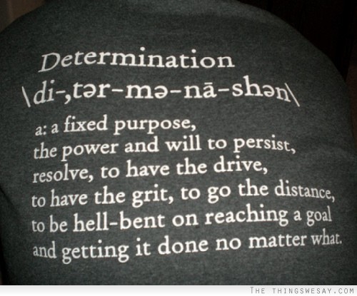 Determination: a fixed purpose the power and will to persist resolve to have the drive to have the grit to go the distance to be hell-bent on reaching a goal