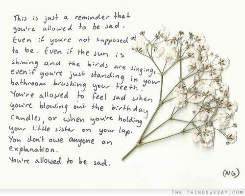 This is just a reminder that you're allowed to be sad even if you're not supposed to be even if the sun is shining and the birds are singing even if you're just standing in your bathroom