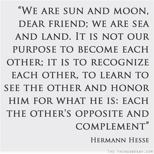 We are sun and moon dear friend we are sea and land it is not our purpose to become each other it is to recognize each other to learn to see the other