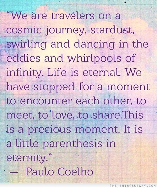 We are travelers on a cosmic journey stardust swirling and whirlpools of infinity life is eternal we have stopped for a moment to encounter each other to meet to love to share