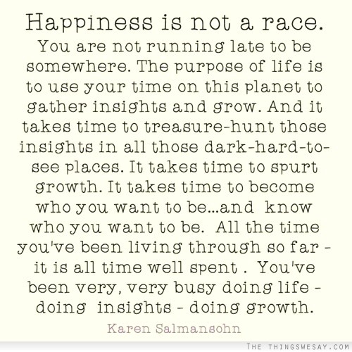 Happiness is not a race you are not running late to be somewhere the purpose of life is to use your time on this planet to gather insights and grow and it takes time 