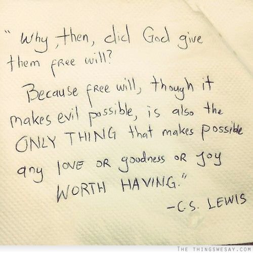 Why then did god give them free will because free will though it makes evil possible is also the only thing that makes possible any love or goodness or joy worth having