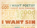 But I don't want comfort I want god I want poetry I want real danger I want freedom I want goodness I want sin not to mention the right to grow old and ugly
