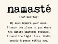 Namaste my soul honors your soul I honor the place in you where the entire universe resides I honor the light love truth beauty and peace within you